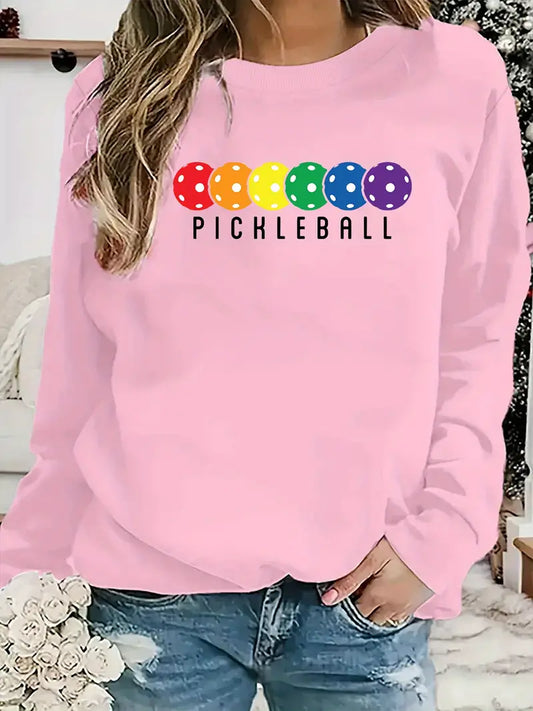 Sweat-shirt décontracté à col rond pour femme avec motif de points colorés Pickleball