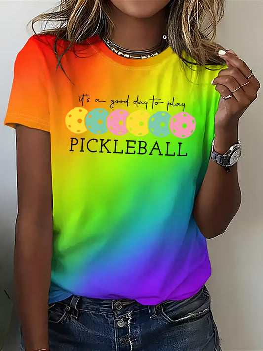 T-Shirt - Pickleball Graphic Print with Rainbow Gradient Colors